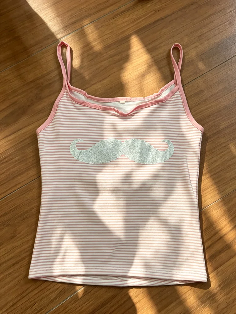 Summer Kawaii Y2k Women's Retro Striped Beard Printed Sweet Vest Sleeveless Crop Top Fashion Spicy T-Shirt Vest 2000s Clothing