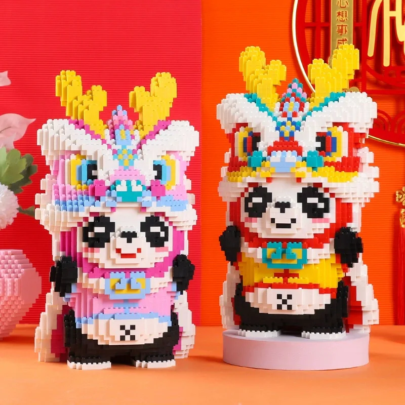 5188pcs+ Kawaii Lion Dance Panda Building Blocks Creative DIY 3D Cartoon Model Figure Toys Table Decor For Kids Birthday Gift