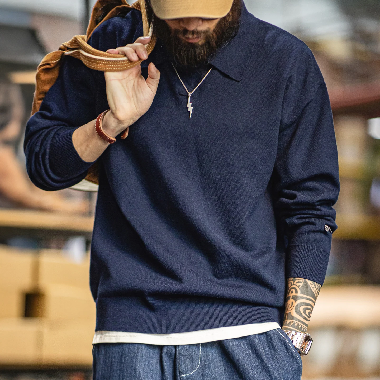 

Maden мужской винтажный вязаный свитер-поло однотонный пуловер с длинными рукавами мягкий свитшот с лацканами трикотаж для осени пригородных поездок