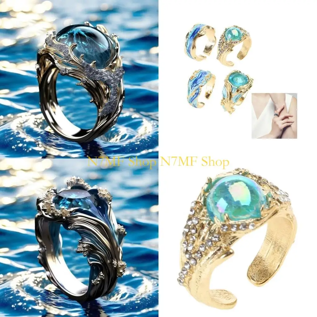 N7MF Práctico Océanos resistentes a los océanos elaborados resina ondulando accesorio joyería plata ajustable para y