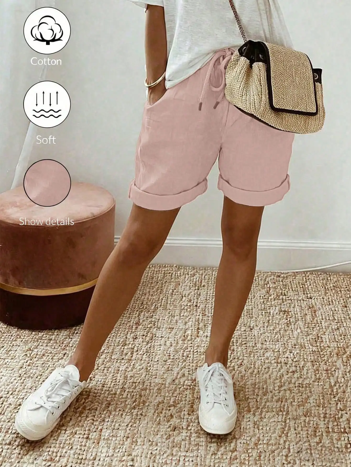 

Women's Summer New Linen Casual Drawstring Rolled Hem Shorts, Featuring A Linen Textured Fabric, Paired With An Elastic Waist Drawstring Design And Rolled Hem Details, Offering A Relaxed Yet Chic Look, Suitable For Daily Outings, Vacations Or L