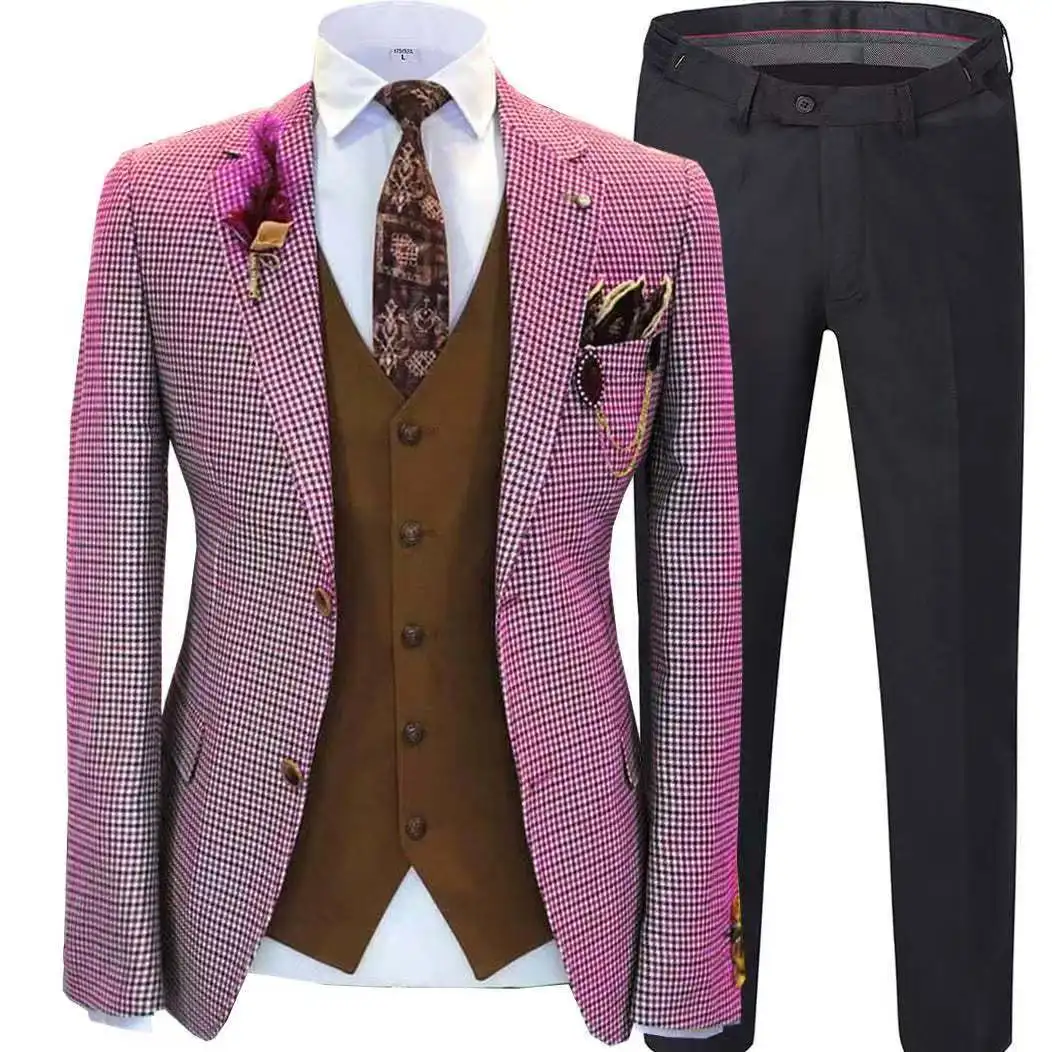 Houndstooth Suit Jacket for Groomsman Suit Coffee Man Suits  Damier Check Dinner Suits Groom Tuxedos