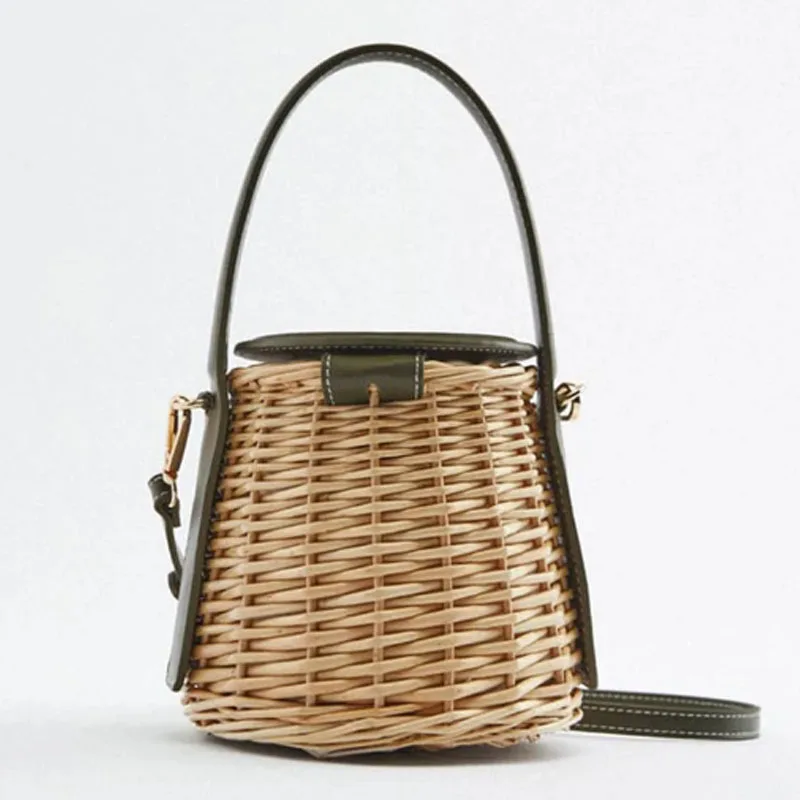 

New Women Handbag Drowstring Straw Beach Bag Summer Woven Bucket Crossbody Shoulder Bags Bohemian Female Handmade Rattan Tote