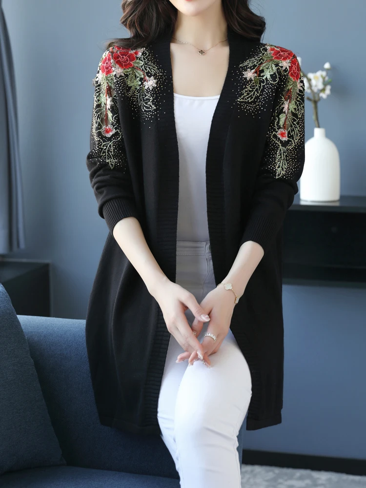 Embroidery Cardigans Sweaters Women New Autumn Long Sleeve Knitted Coat Harajuku Slim Hollow Floral Sweater Cardigan