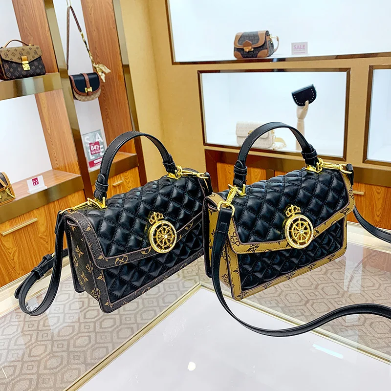 

New women's bag high -end induction rhombus handbag versatile contrasting small square bag shoulder mesengers bag