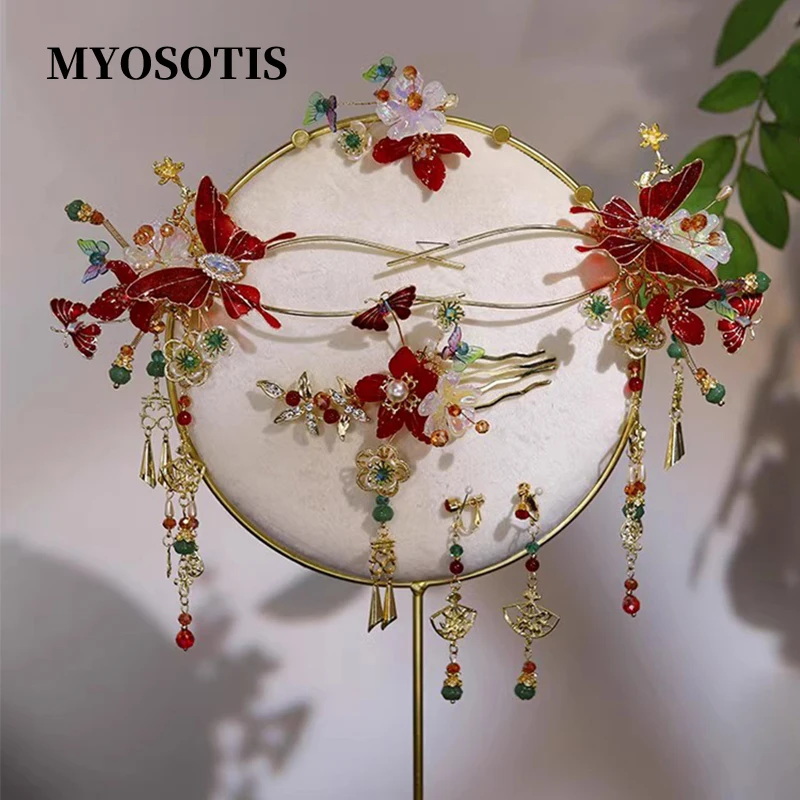

Bride Headdress Red Liquid Flower Butterfly Chinese Vintage Style Xiuhe Clothes Cheongsam Tassel Classical Phoenix Hairpins Set