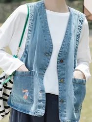 Cartoon Embroidered Coat Women Ladies Vest Jacket Outfits Casual Chic Vacation Sleeveless Crop Top Denim Vest