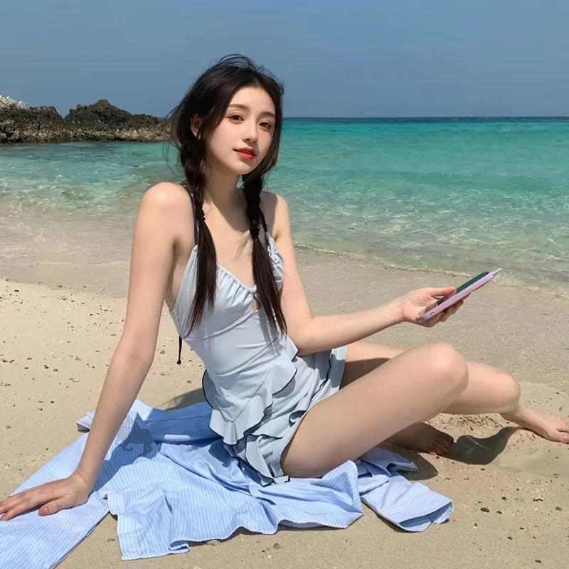 

2026 Summer Fresh Style Modest One-Piece Skirted Swimsuit Student Push Up Tummy Control Hot Spring Swimwear