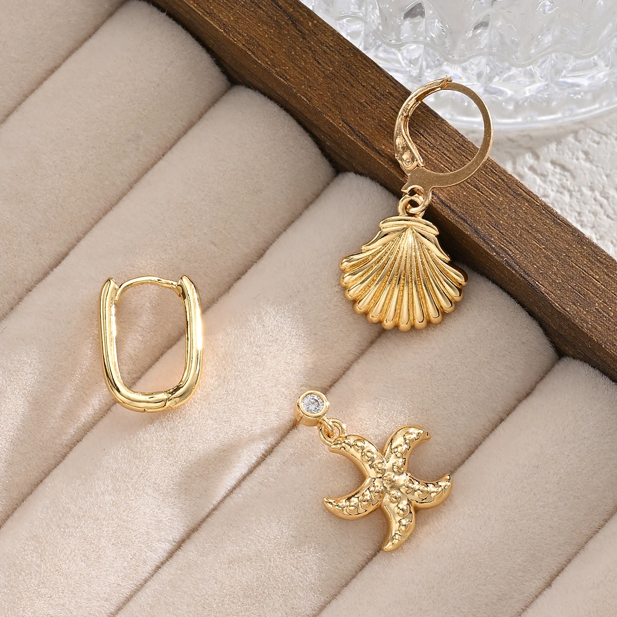 3Pcs Gold Plated Starfish Shell Drop Earrings for Women Asymmetric Ocean Style Crystal C-Hoop Ear Hook Summer Beach Jewelry Gift