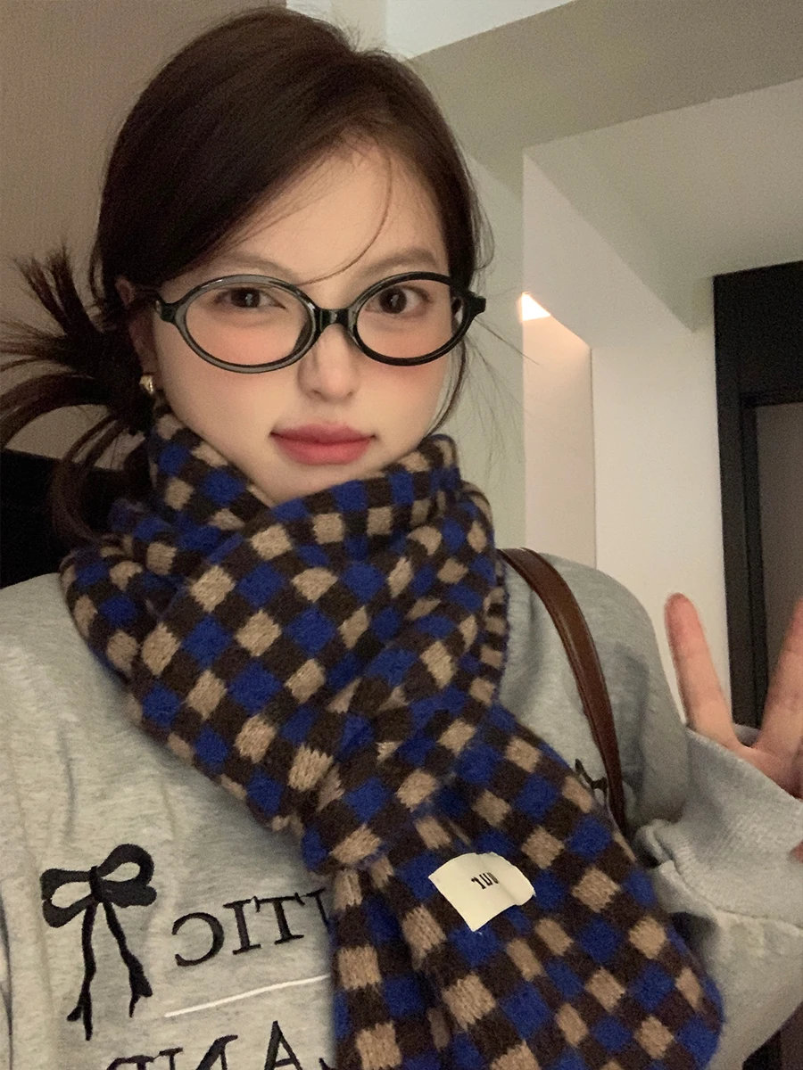 

Korean Version Of The Chessboard Pattern Knitted Scarf For Women Including Wool Autumn And Winter Warm Scarf