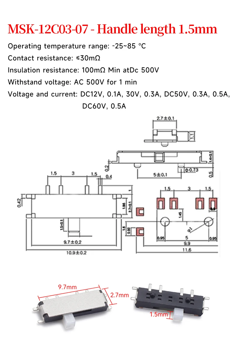 5 Stück MSK-12C03-07 1,5mm langer Oberflächenmontage-Kippschalter 8-Pin 3-Positionen Miniatur-Schiebeschalter Elektronisches Bauteil – Detail 1