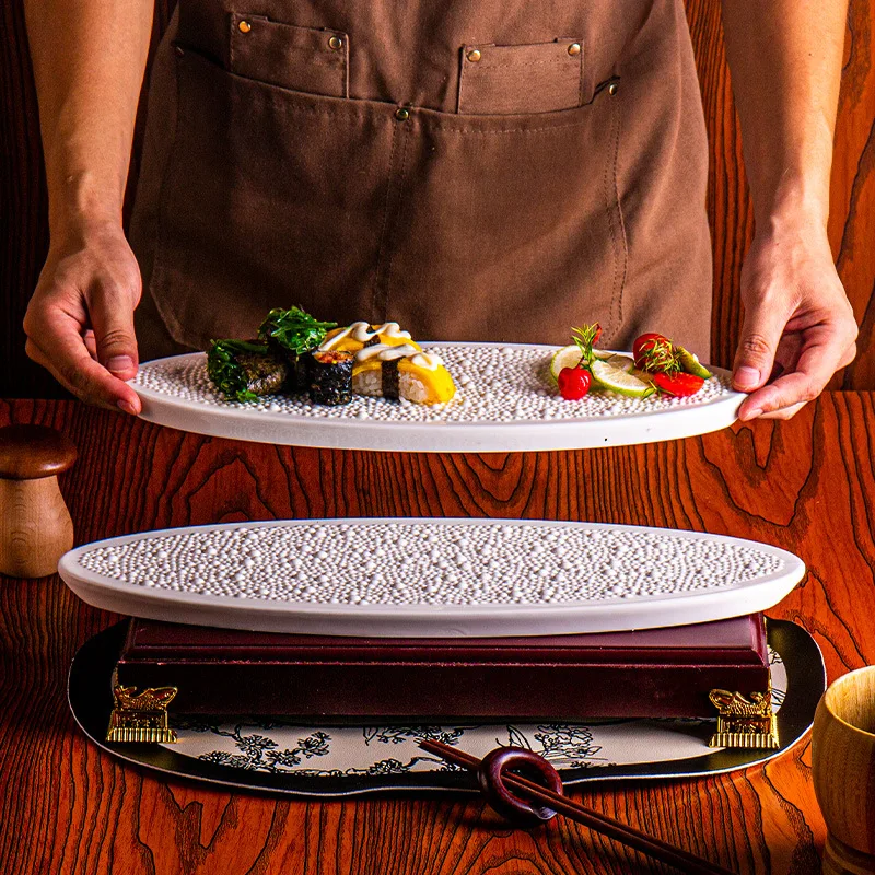 Creative White Ceramic Oval Plate with Meteorite Pearl Dots for Dessert Snacks Molecular Cuisine Art