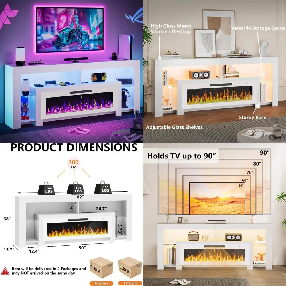 

50 Inch Electric Fireplace TV Stand for TVs up to 90 Inches, 82 Inch Modern Wood Entertainment Center with 20 LED Lights