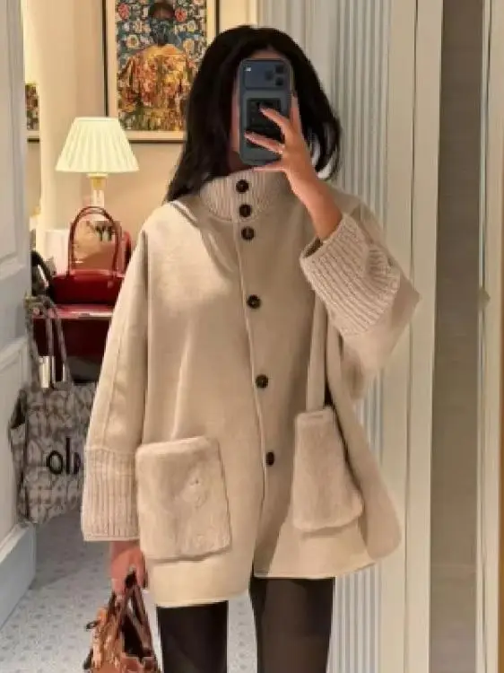 

Elegant Retro Knit-fur Panel Coat Button-front Trendy Stylish Vintage Women's Knitted Cardigan Versatile Modest Cozy Fall Outfit