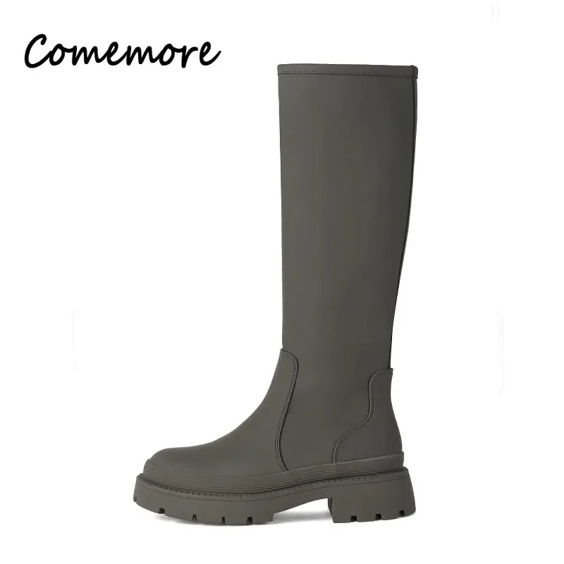 Comemore Autumn Winter Knee High Boot Fashion Shoes Female Footwear Leather Knee-High Motorcycle Booties Luxury Women Long Boots