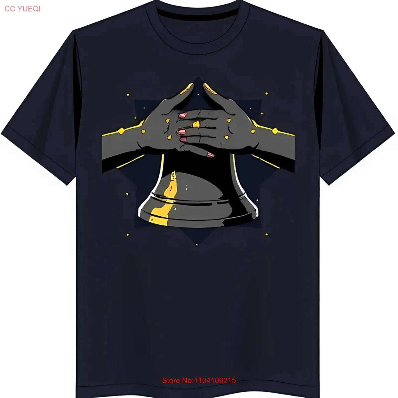 Unique Black T-Shirt with Golden Bell and Prayer Hands Graphic Design