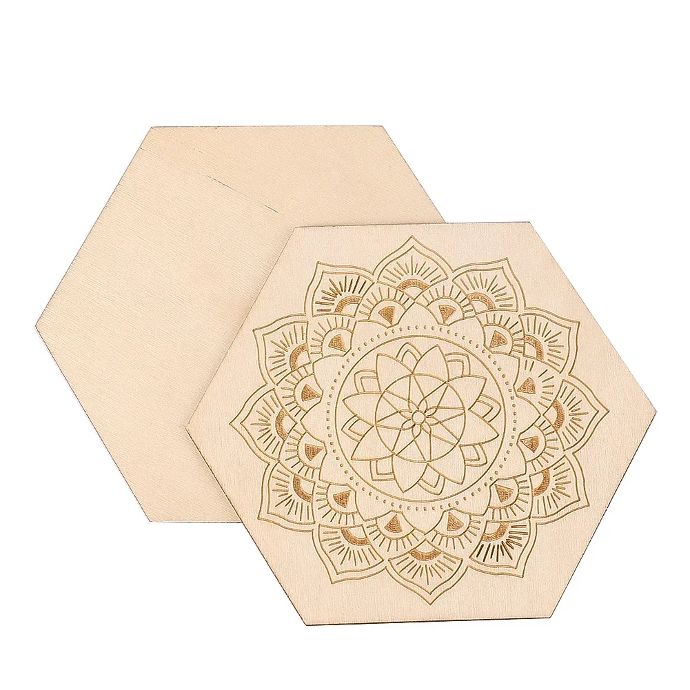 2pcs Wooden Hexagonal Coasters Laser Engraved Mandala Flowers Home Ornaments Insulating Placemat Geometric Patterns Energy Plate