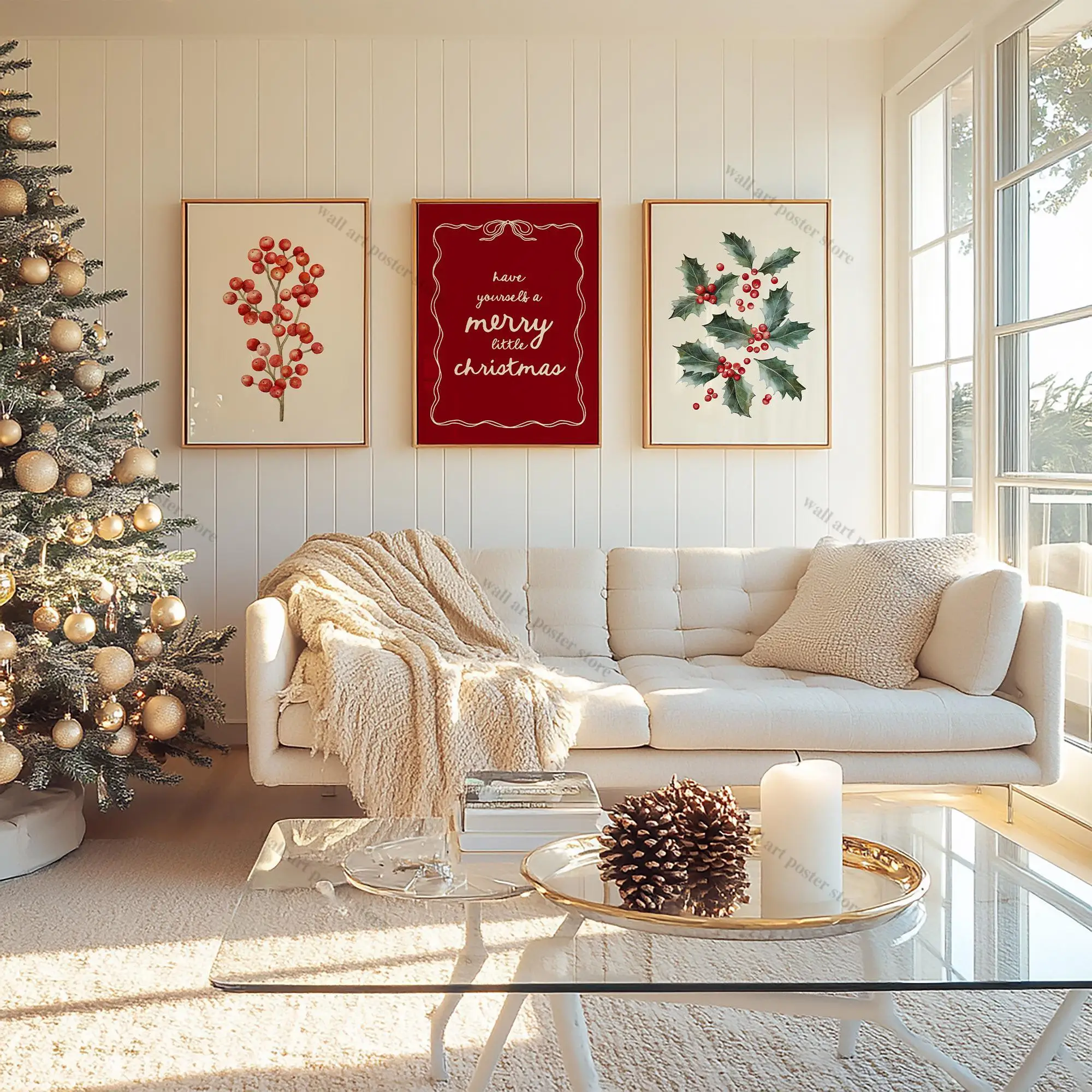 3pcs frameless Canvas Painting Trendy Christmas Prints Merry Christmas Winter Poster Holly Berry Leaves Printable Wall Art Minim