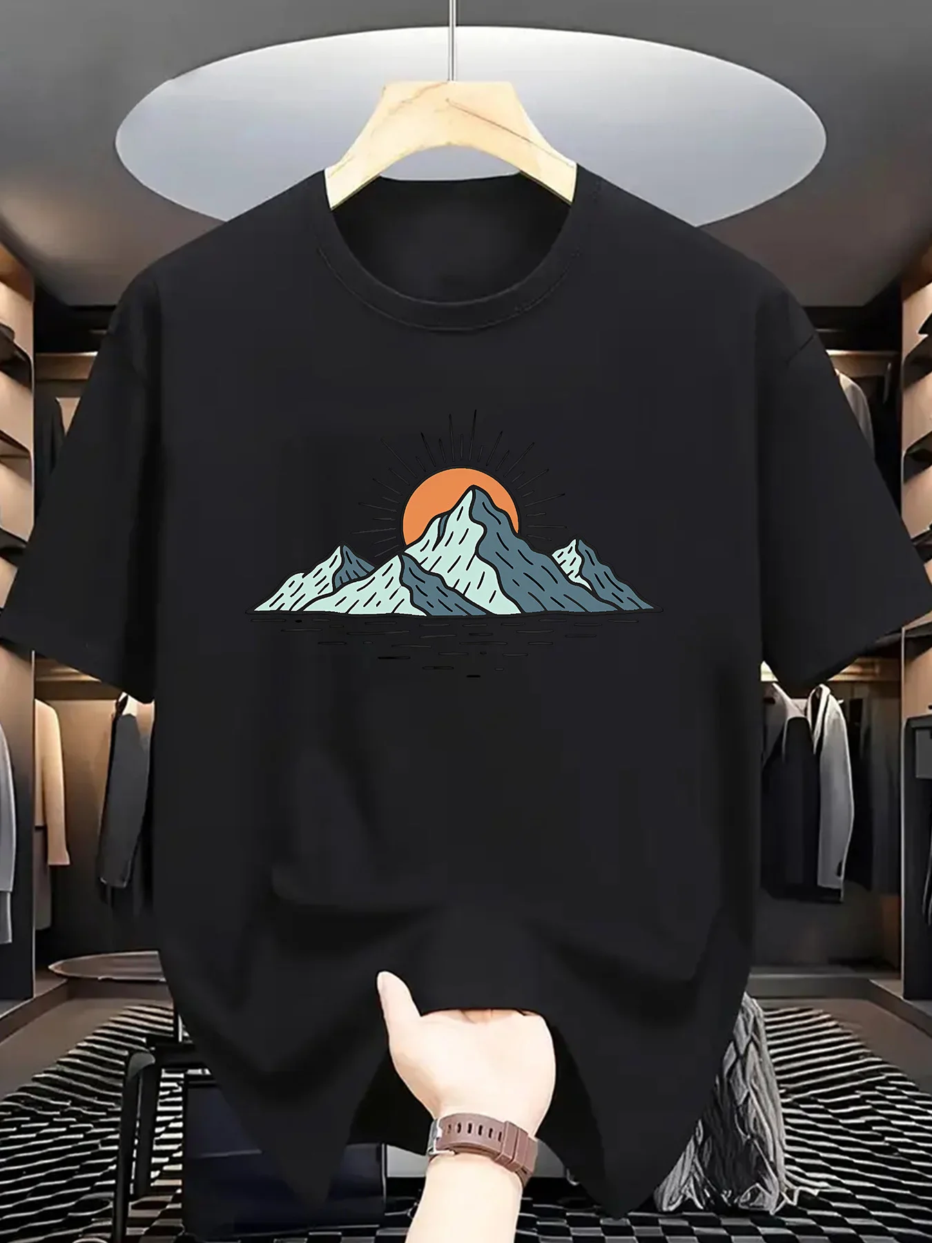 Sunrise Mountain Print Men Short Sleeve Tshirt Lake Scenery Nature Line Art O Neck Tee Outdoor Style Male Street Fashion Tops