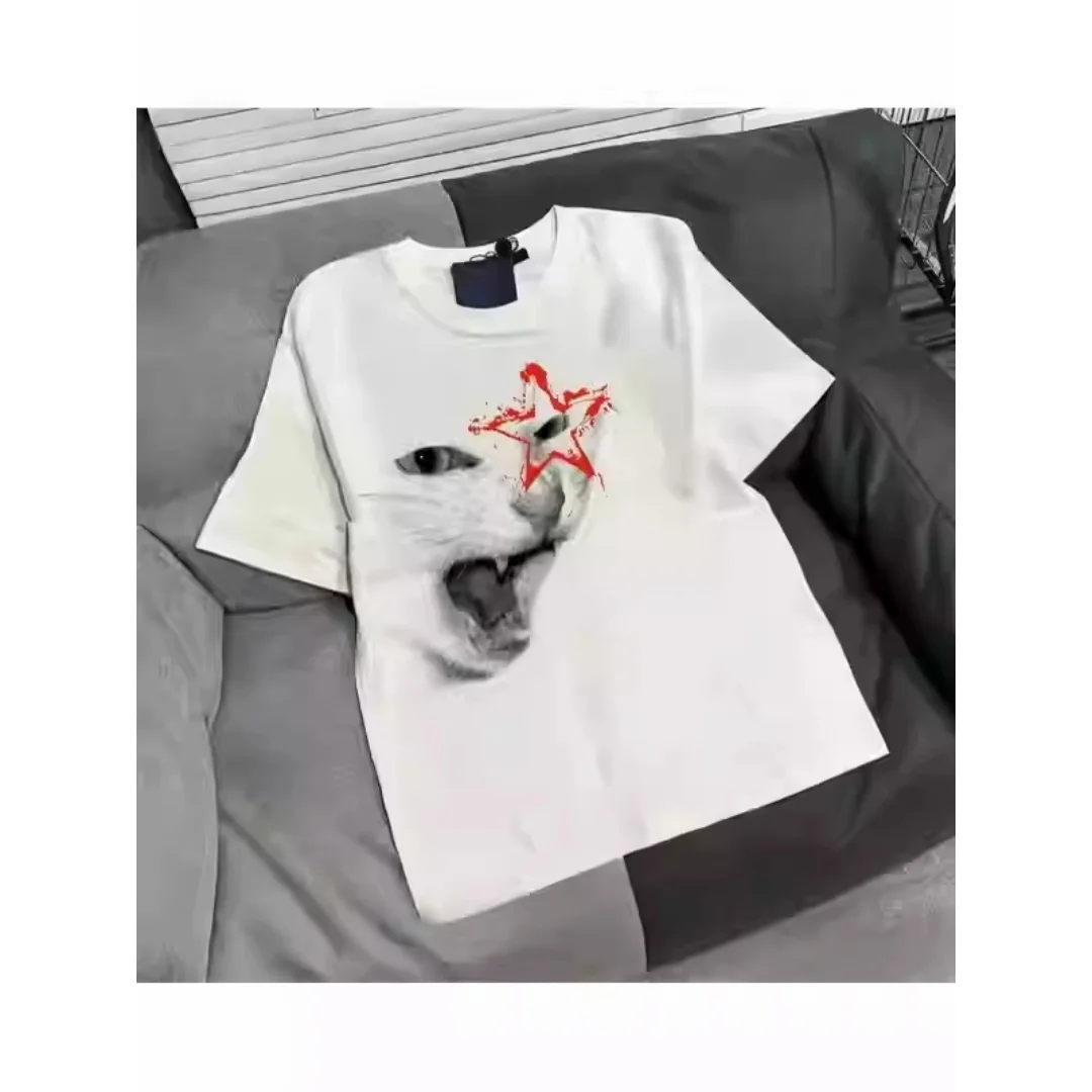 Модная футболка с короткими рукавами из чистого хлопка с забавным принтом в стиле рок-кота, романтическая панк-панк World-Weary, мужская и женская футболка Y2k