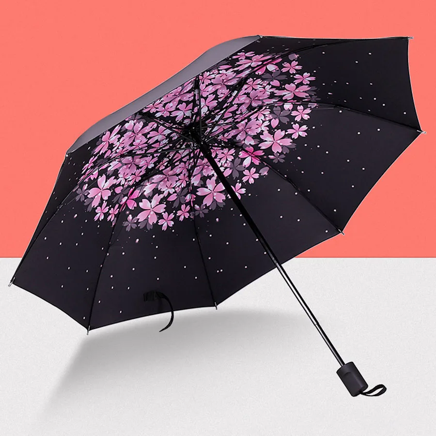 Foldable Inner Printed Small Black Umbrella, Sunny And Rainy Dual-use UV Protection Umbrella, Lightweight Sturdy Travel Manual U