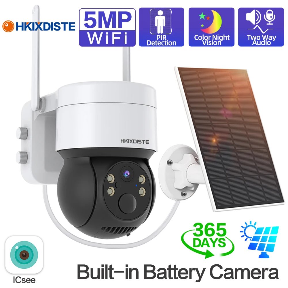 

Solar Wifi Surveillance Camera Solar Panel 5MP Security Outdoor PTZ Cameras Wireless Full Night Color Recharge Battery iCSee