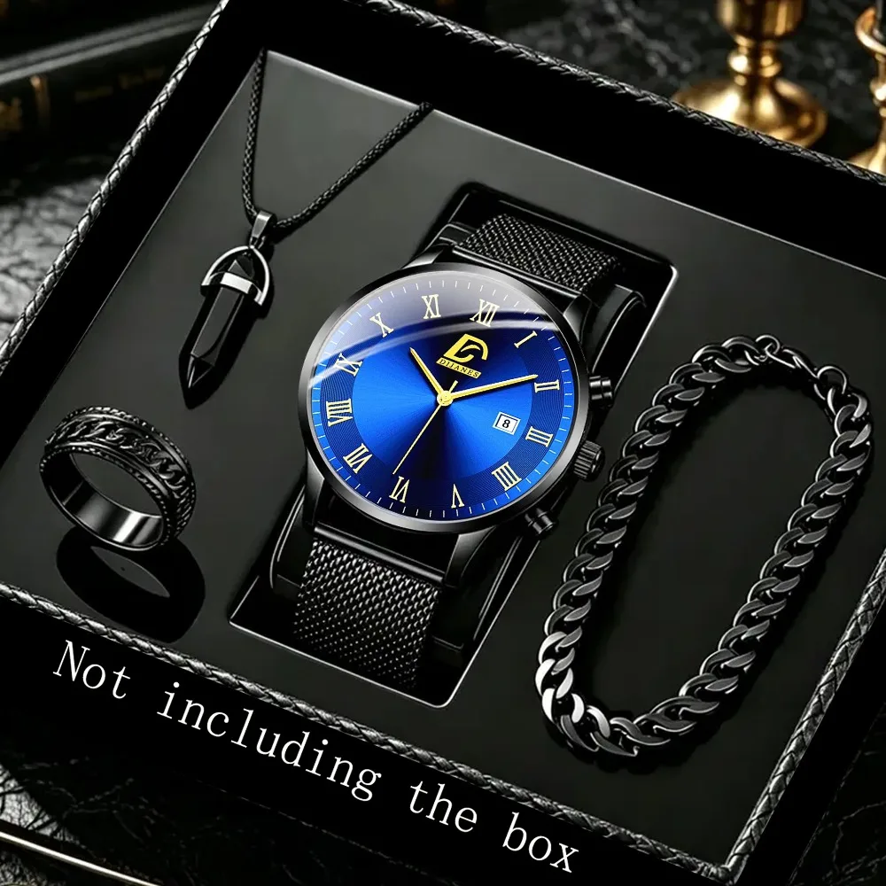 4pcs Quartz Watch Set Men Women Fashion Business Leisure Watch and Bracelet Necklace Ring Set Men'S Gift