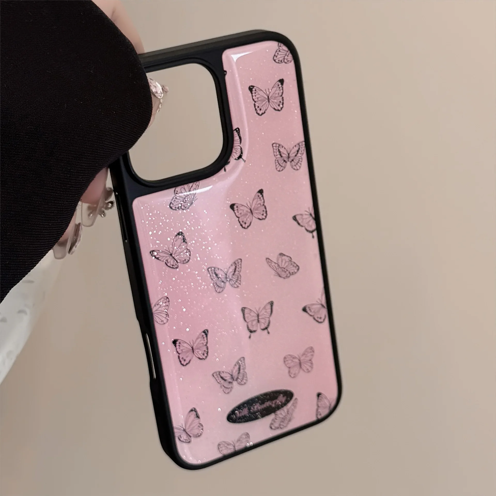 Korean Glitter Black Butterfly Pattern Drop Glue Phone Case for iPhone 17 Air 15 13 11 12 14 16 Pro Max Shockproof Hard Cover view 2