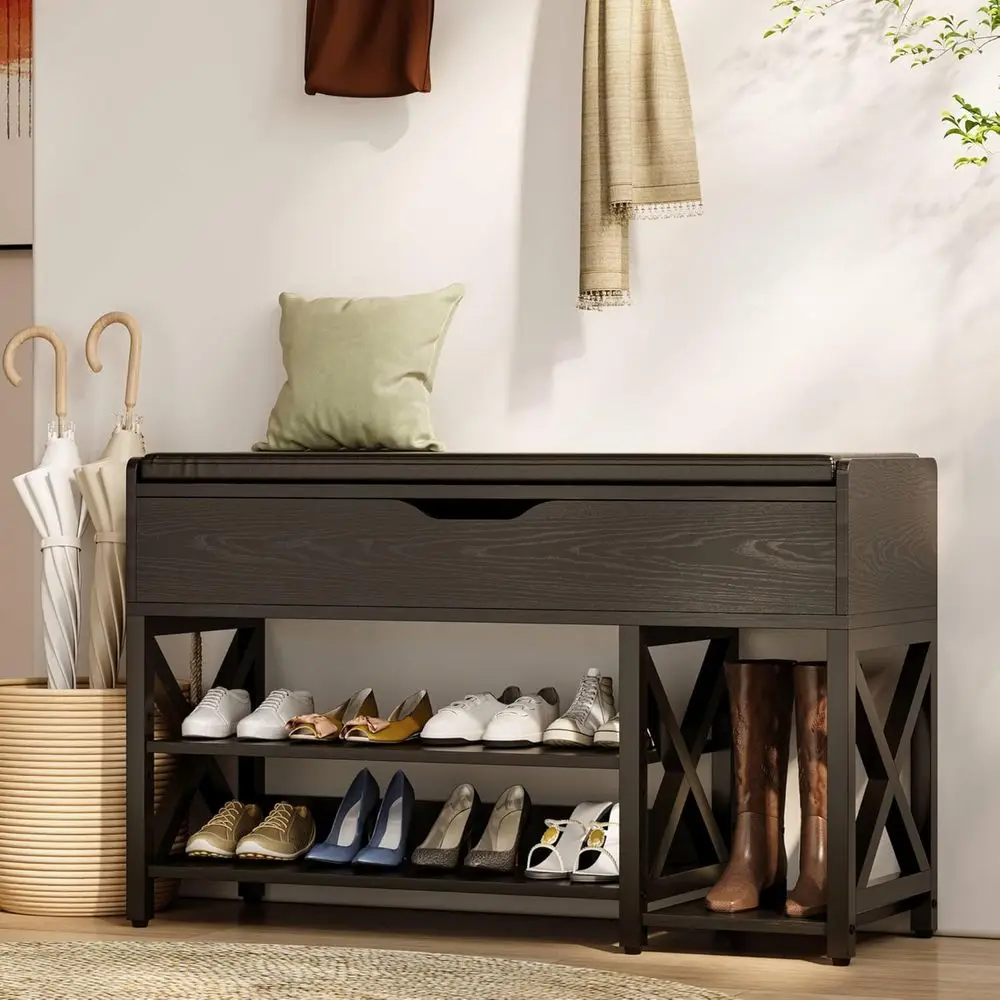 

40-Inch Shoe Storage Bench with Cushion, 2 Drawers, and Lit Top, Ideal for Entryway, Hallway, Living Room in Black