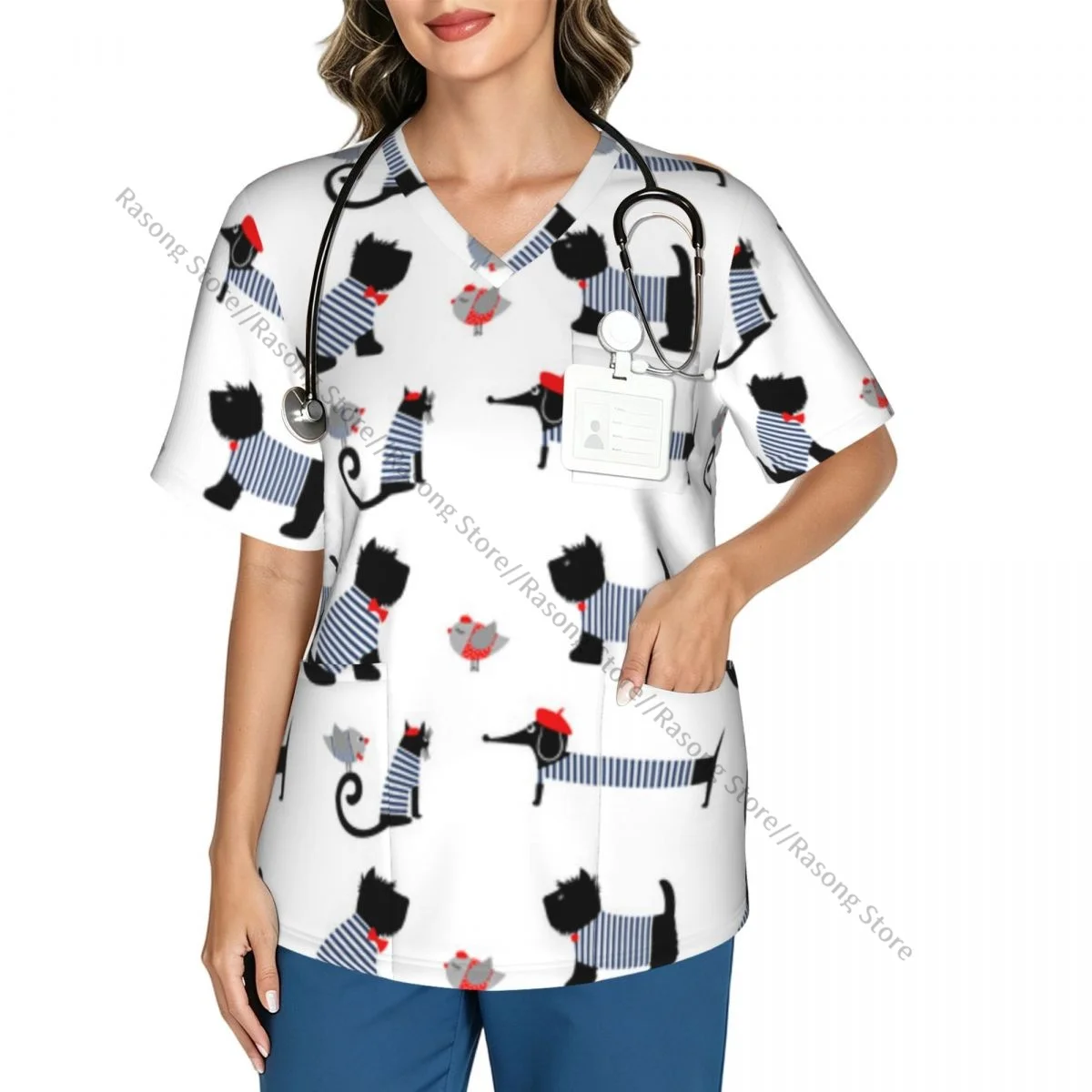 French Parisian Dachshund Cat Scrubs Medical Uniforms Women V Neck Short Sleeve Tunic Scrubs Tops Nursing Surgical Uniforms