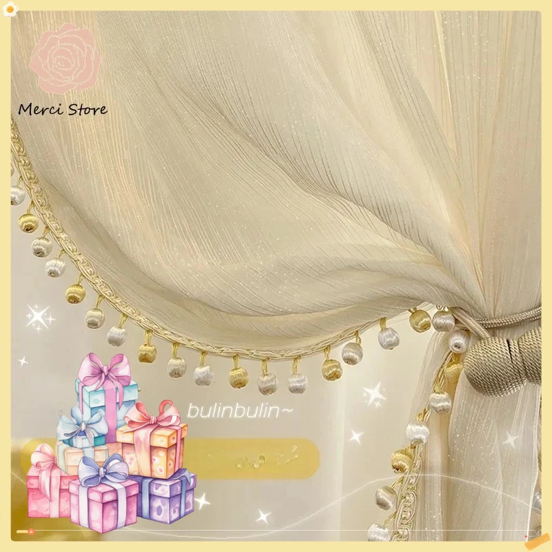 Nordic Luxury Ripple White Tulle Lace Bead Sheer Curtains for Living Room Bedroom Dining Window Blackout Transparent Door Drapes
