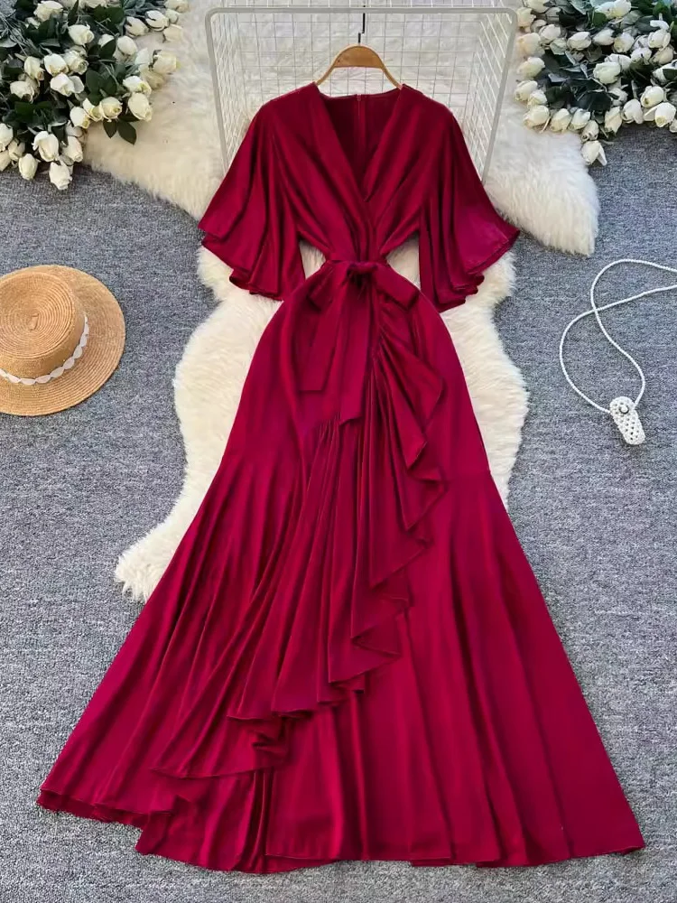 ربيع الخريف المرأة بورجوندي فستان ماكسي الخامس الرقبة التفاف الجبهة كم طويل أنيق فستان حفلة بوهو عادية كشكش رداء طويل جديد 2026 #1