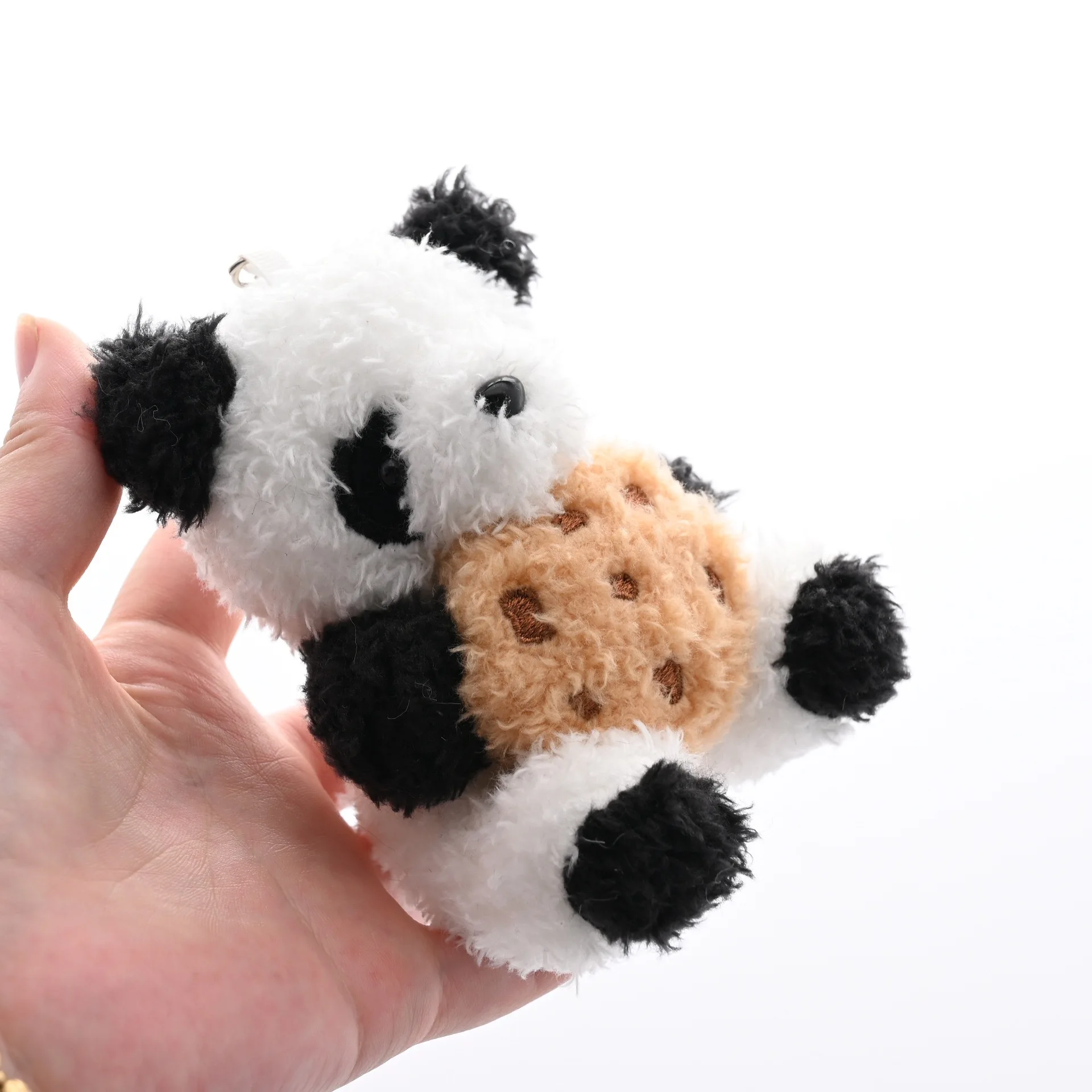 10cm Funny Coral Fleece Holding Cookies Panda Plush Toy Adorable Bear Keychain Animal Pendant for Bags and Keys Decor