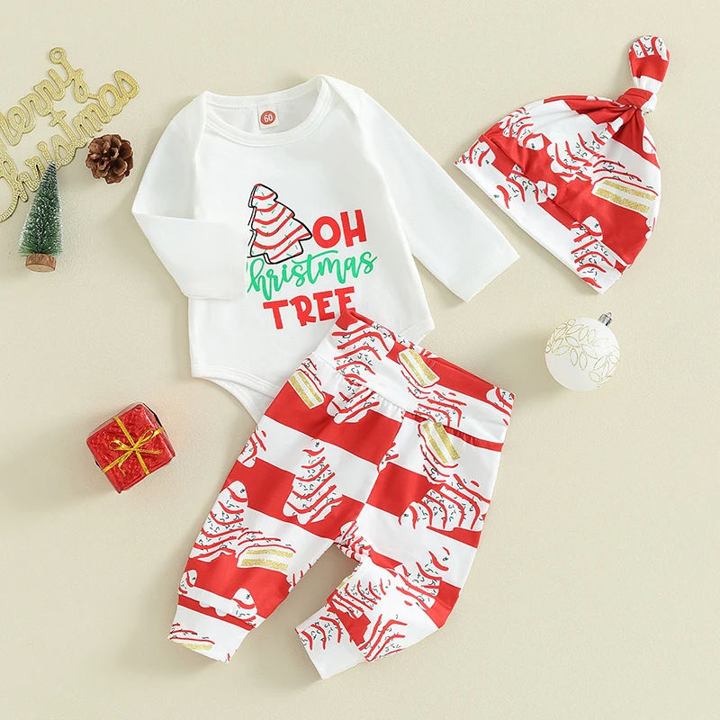 

Christmas Baby Outfit Adorable Long Sleeve Romper with Festive Tree Print Pants and Matching Hat for Infants