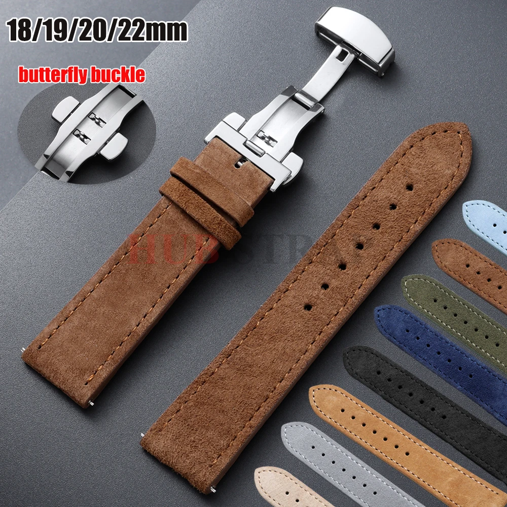 18mm 19mm 20mm 22mm Vintage Suede Cowhide Watch Strap for Omega for Seiko Butterfly Buckle Bracelet for Men Women SportWristband
