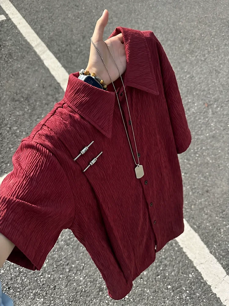 Red Wine Color Texture Ice Silk Short Sleeve Men's Shirt Summer Lightweight Breathable Quick Dry Silhouette Chinese Style Cas...