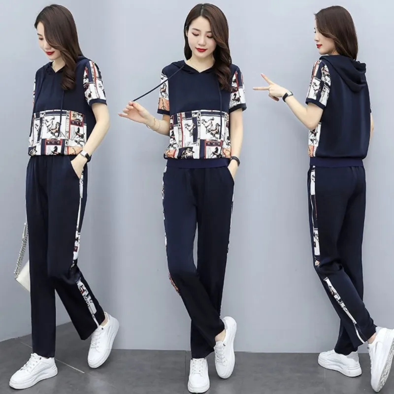 2024 Summer New Fashion Suit Female Korean Casual Loose Short Sleeve Hooded T-shirt Tops Straight Pants Two Piece Set For Women