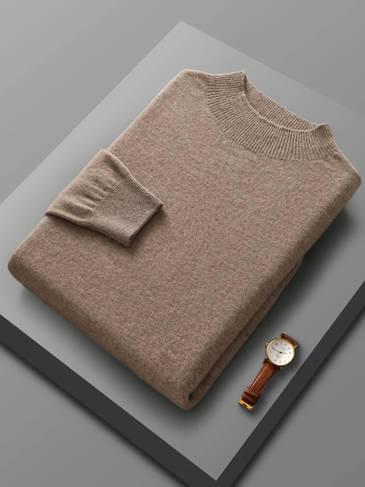 Spring Autumn 100% Pure Merino Wool Pullover Sweater Men Mock-Neck Long-sleeve Cashmere Knitwear Female Clothing Grace