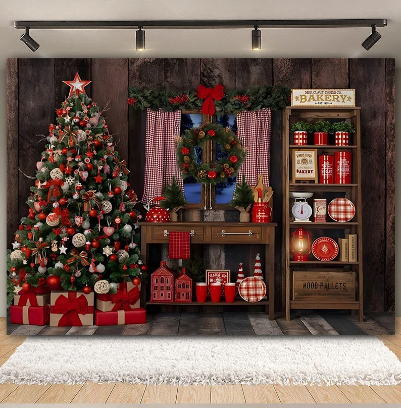 Christmas Kitchen Backdrop Retro Cupboard Xmas Tree Wood Wall Family Party Children Portrait Photography Background Photo Studio