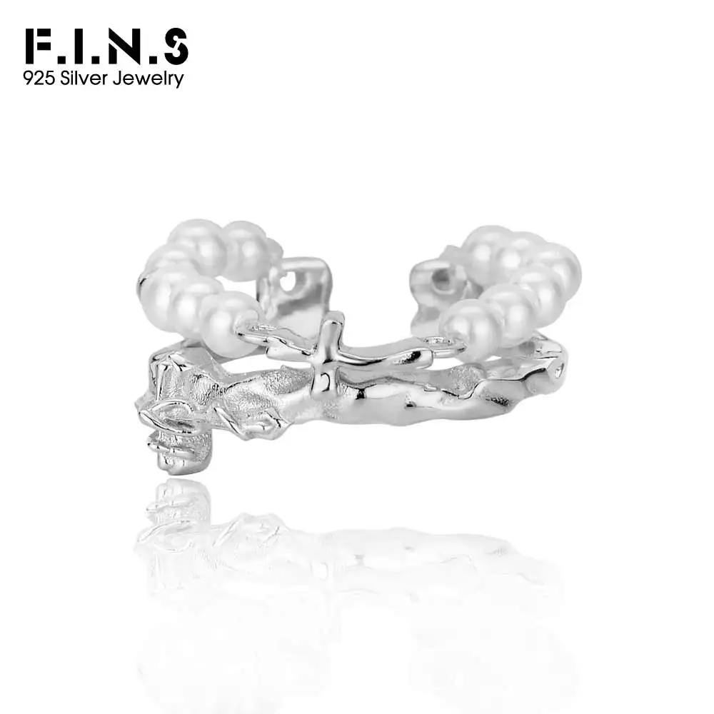 

F.I.N.S Korean Designer S925 Sterling Silver Irregular Cross Ring Open Shell Pearl Index Mid Finger Fine Jewelry Accessories