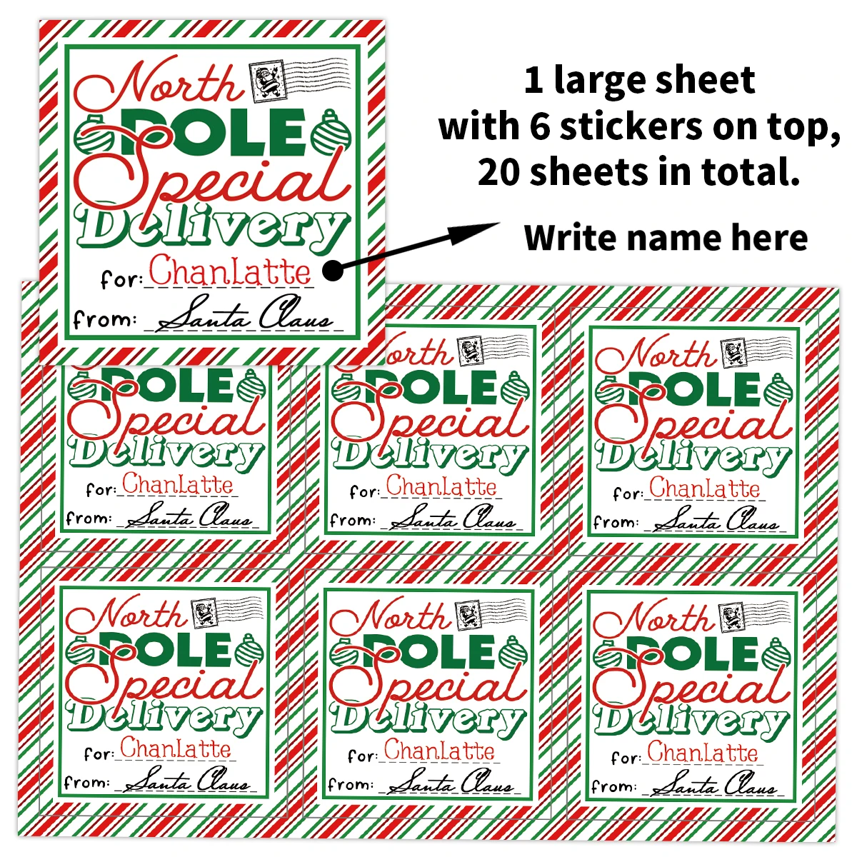 120 Stück/20 Blatt Weihnachtsaufkleber mit individuellem Text, personalisierbar, „für’and’names“, Etiketten für DIY-Geschenktüten, Anhänger, Weihnachtspartygeschenke
