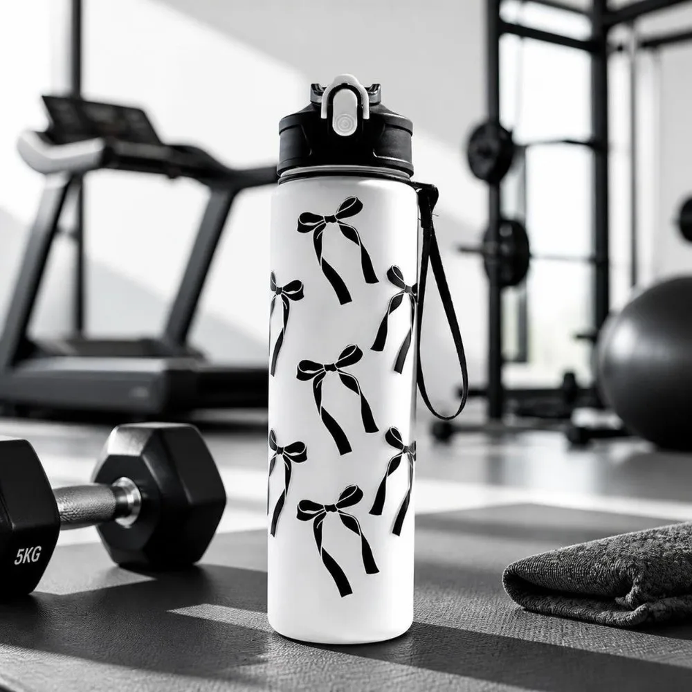 Spring-Loaded Lid 800ML Water Bottle Bow Flower Printed Large Capacity Sports Water Bottle Plastic Leak Proof Water Cup School