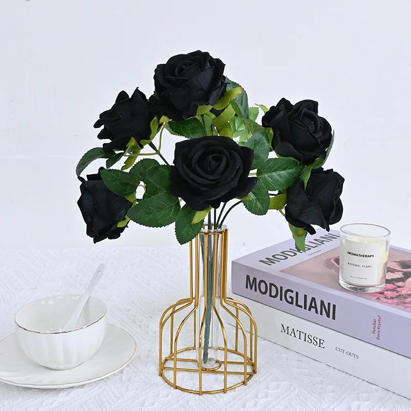 

Black Simulation Flower Rose Hydrangea Head Single Flower Handle Bouquet Halloween Wedding Party Decoration