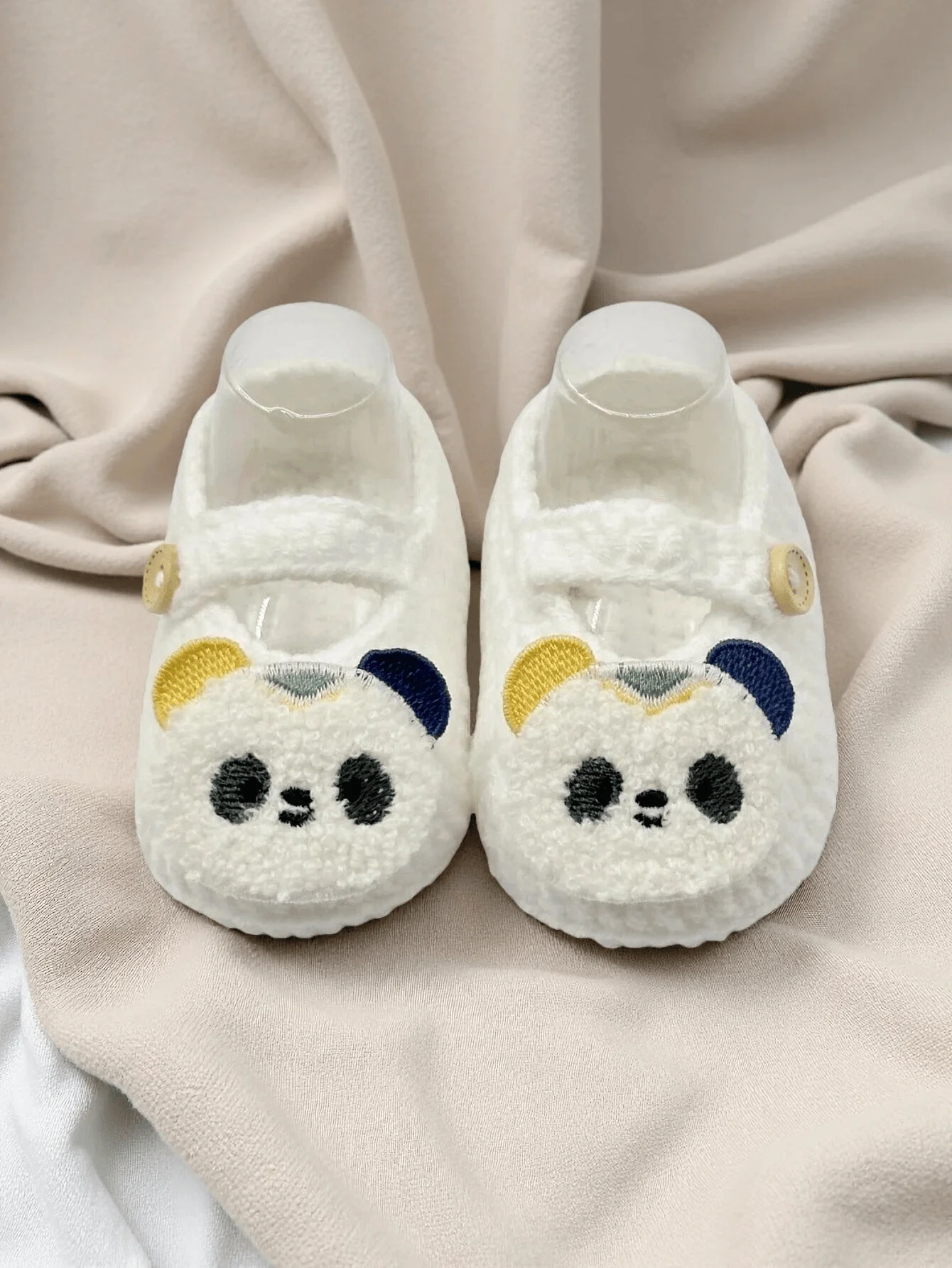 1 Pair Knit Baby Booties With Cartoon Panda, White, Soft Crochet Infant Shoes With Button Strap
