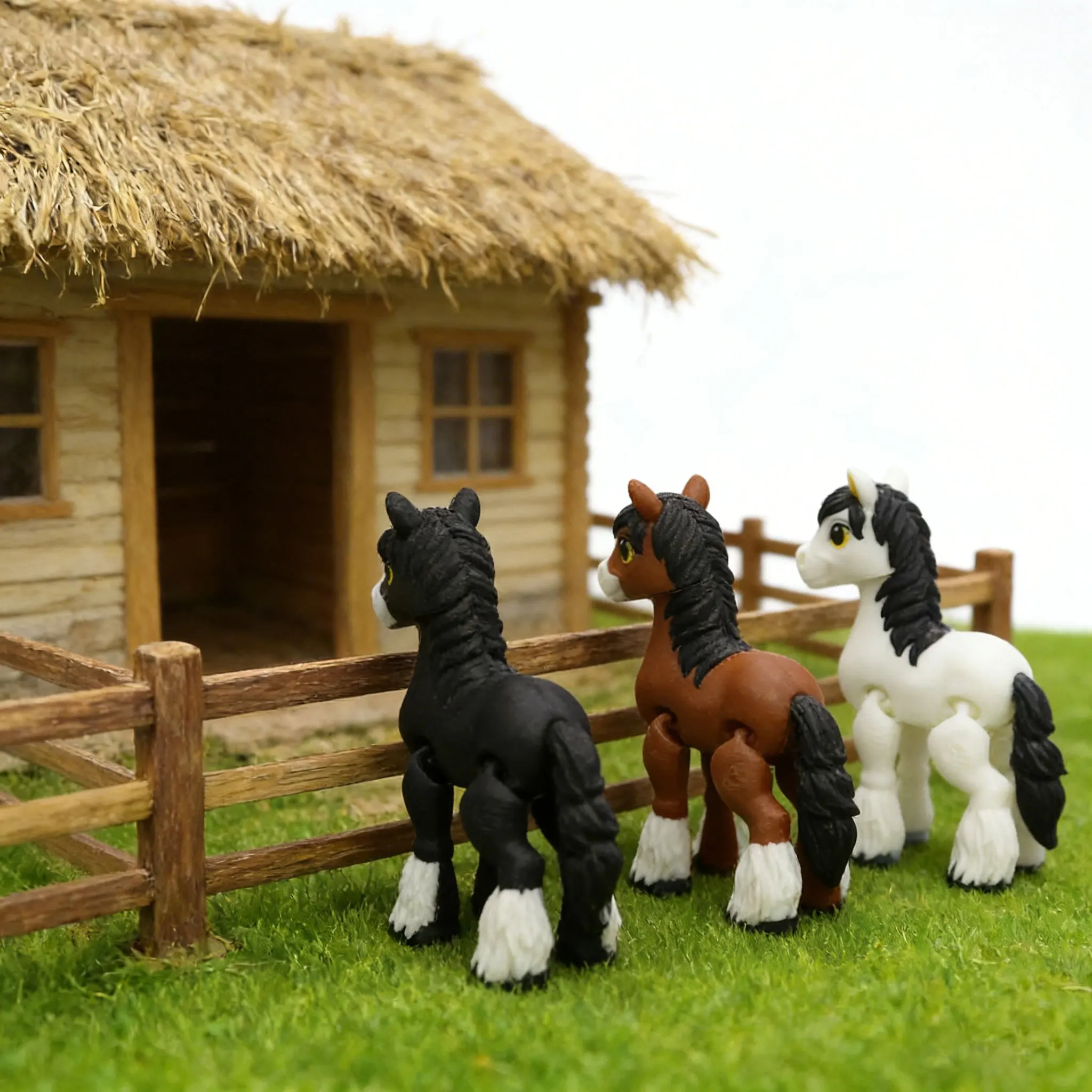 Vibrant 3D Printed Horse Statue - Contemporary Black/White/Brown Plastic Animal Decor with Expressive Eyes and Realistic Mane Te