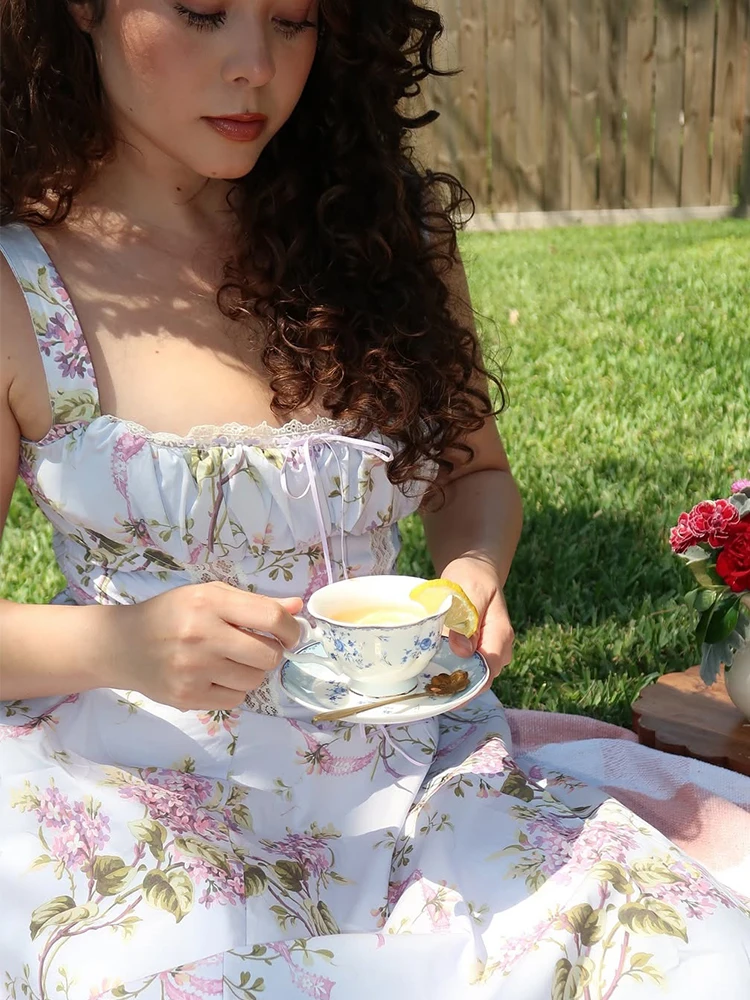 الدانتيل ديكور الصيف فستان المرأة الأزهار المطبوعة ميدي فستان الحفلات أنيقة ريترو بوهو فساتين Vinatge ألف خط الشاطئ Vestidos 2025