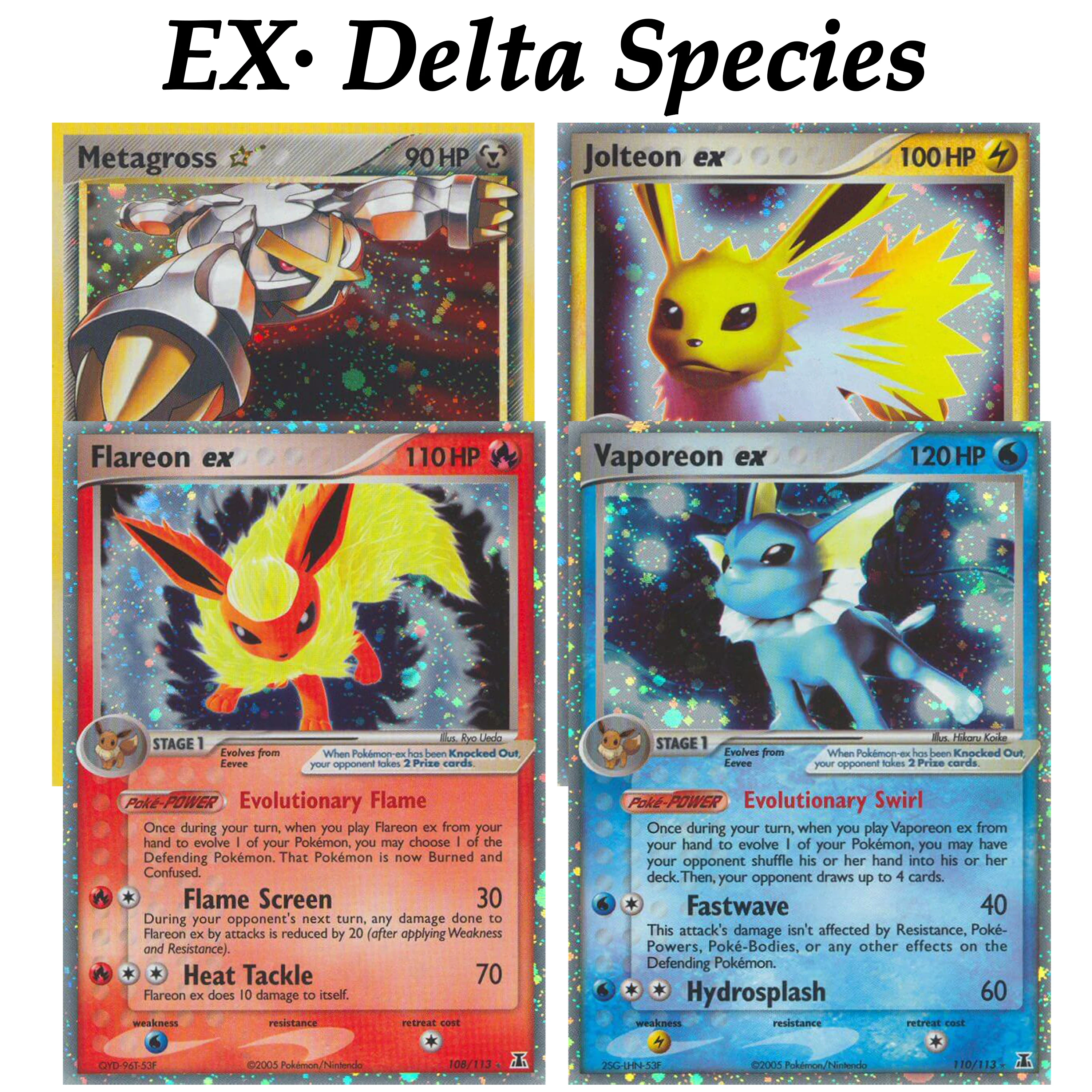 PTCG Pocket EX Delta Species Vaporeon Jolteon Cosmos Flareon Metagross Holo UR GS Gold Star Hunters Eeveelution Collector Proxy