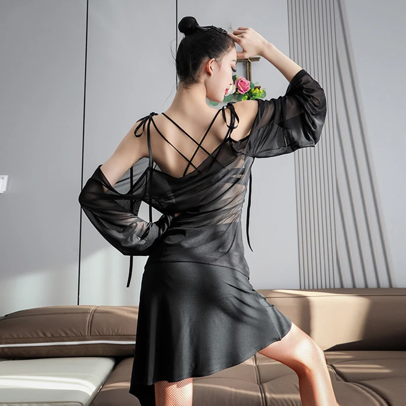 여성용 블랙 라틴 댄스 슈트 오프숄더 스탠다드 탱고 댄스 연습복 루즈 탑 슬릿 스커트 성인 라틴 의상 VDL2816