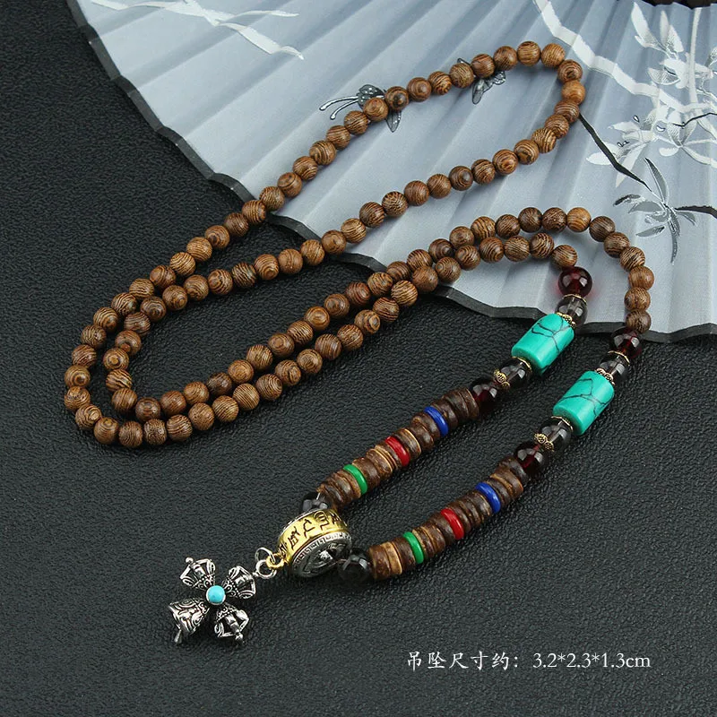 Nepal Buddhist Mala Wood Beads Tibetan six-character mantra prayer wheel pendant Bohemian Boho Buddha Lucky Jewelry