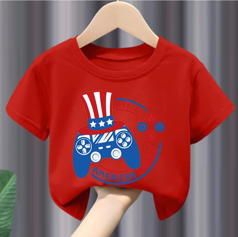 

Children's Casual Crew-Neck T-shirt Spring Summer Short-Sleeved Independence Day Game Machine Print New Trendy Kids' Wear